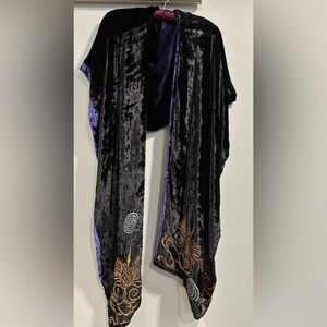 Mary Jane Black &Purple/Blue Silk Velvet Shawl w/ Gold and Silver Block Printing